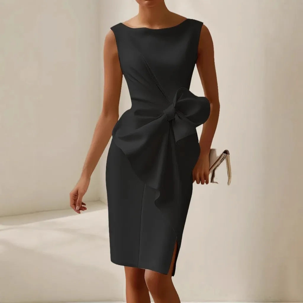Women's Formal Evening Midi Wedding Guest Dress with Bow