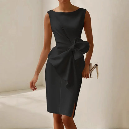 Women's Formal Evening Midi Wedding Guest Dress with Bow