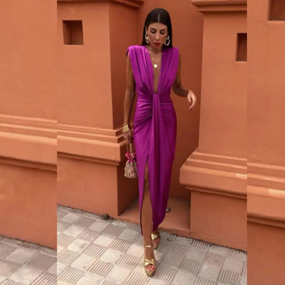 Women's Formal Evening Midi Wedding Guest Dress with Ruched