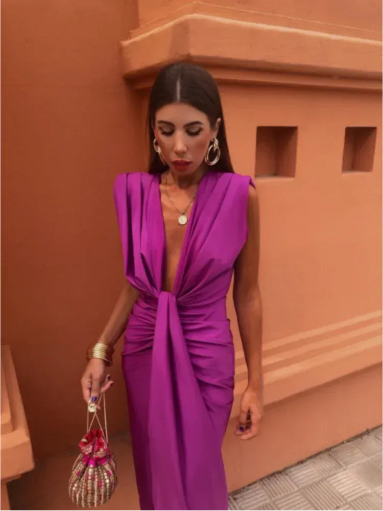 Women's Formal Evening Midi Wedding Guest Dress with Ruched
