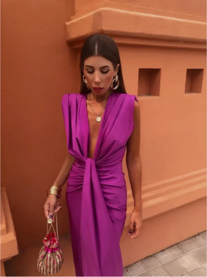 Women's Formal Evening Midi Wedding Guest Dress with Ruched