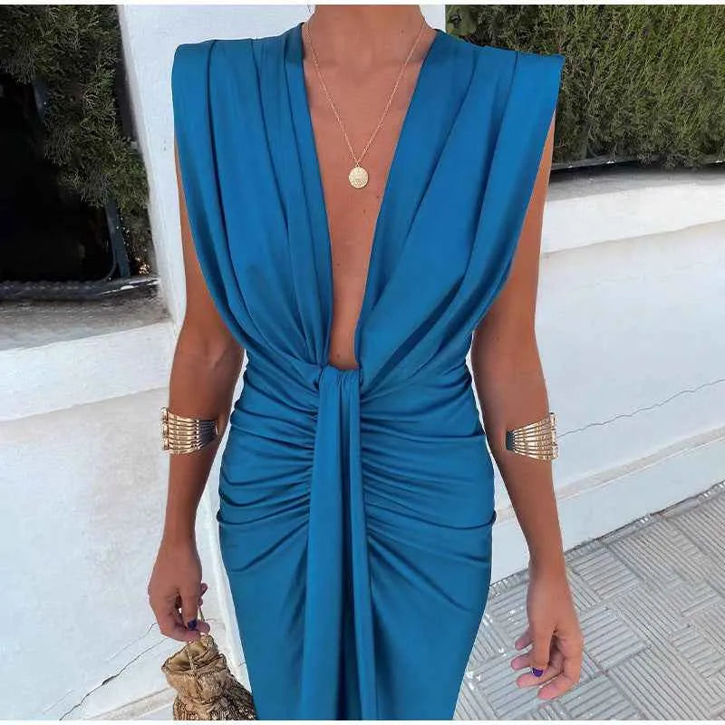 Women's Formal Evening Midi Wedding Guest Dress with Ruched