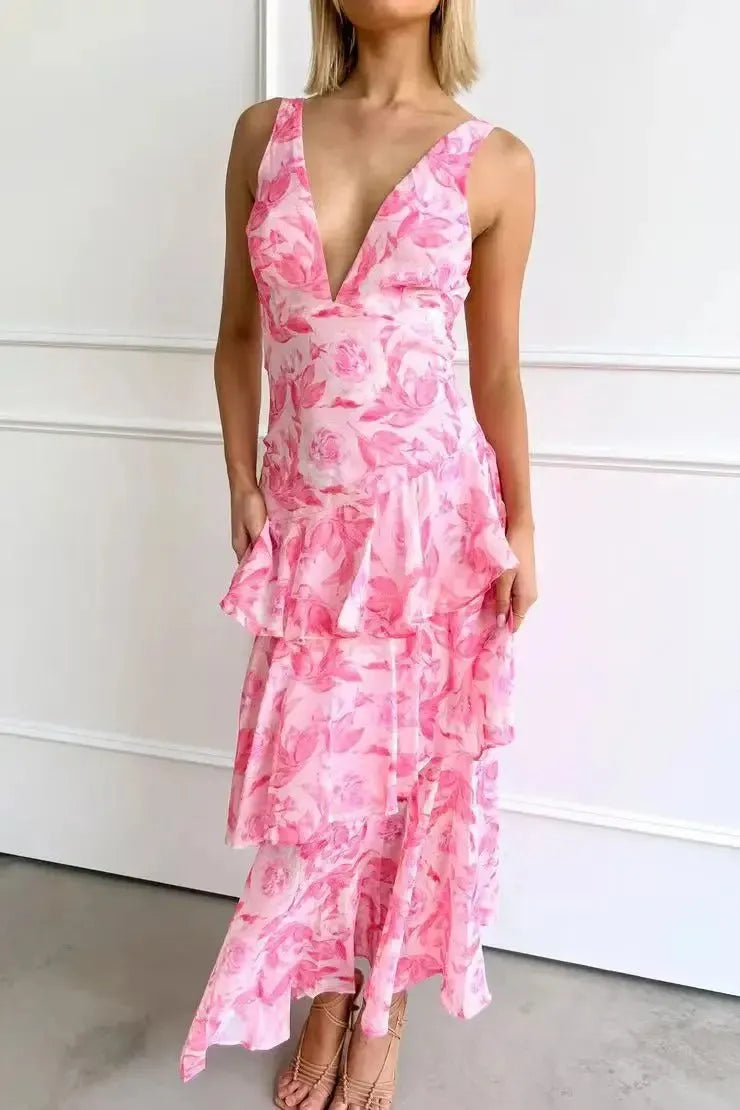 Women's Formal Floral Maxi Wedding Guest Dress with Backless