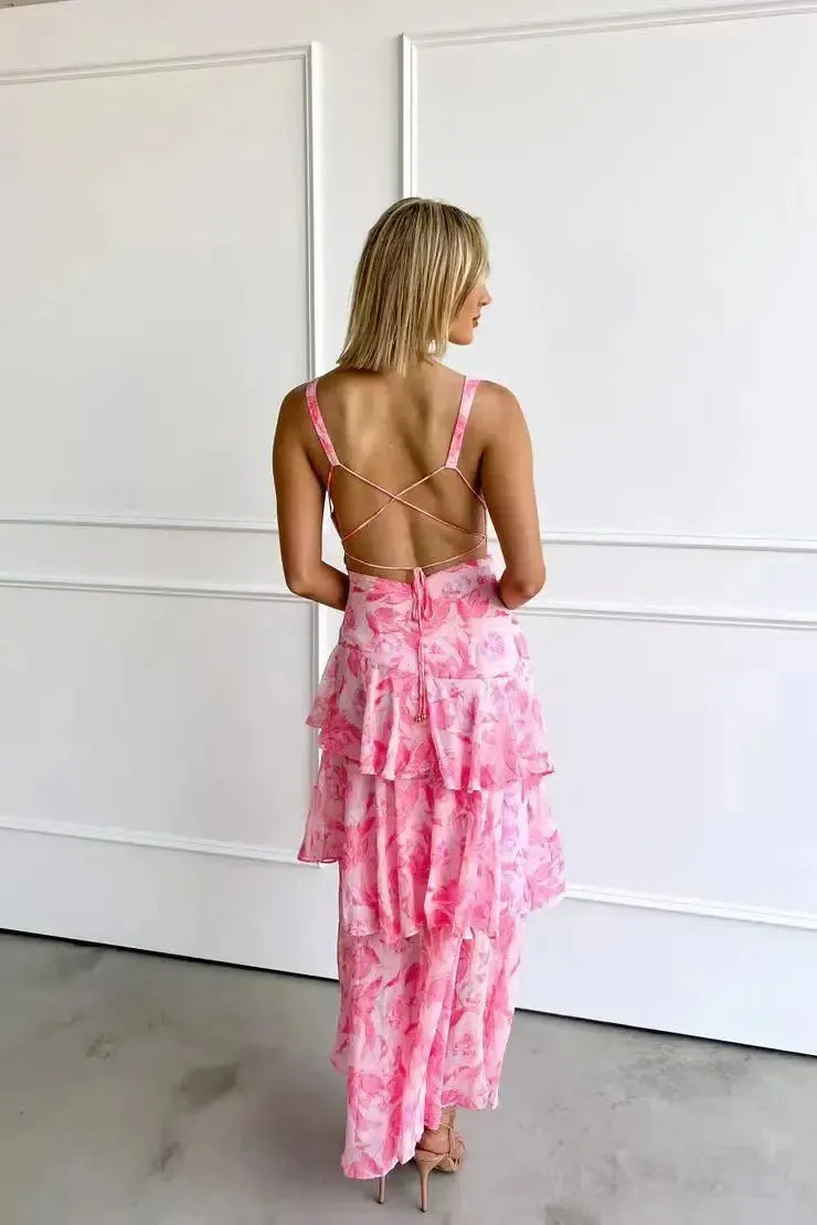 Women's Formal Floral Maxi Wedding Guest Dress with Backless