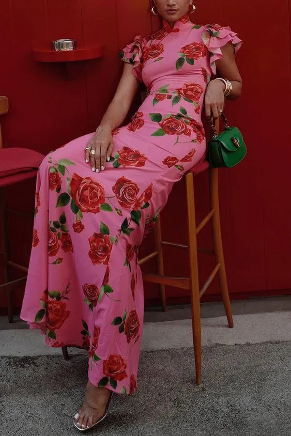 Women's Formal Floral Maxi Wedding Guest Dress with High Neck