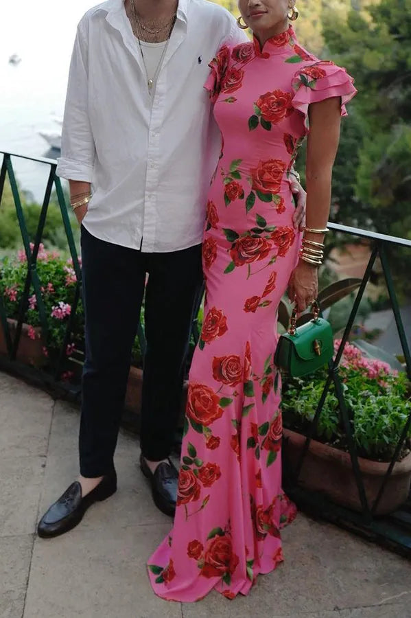 Women's Formal Floral Maxi Wedding Guest Dress with High Neck