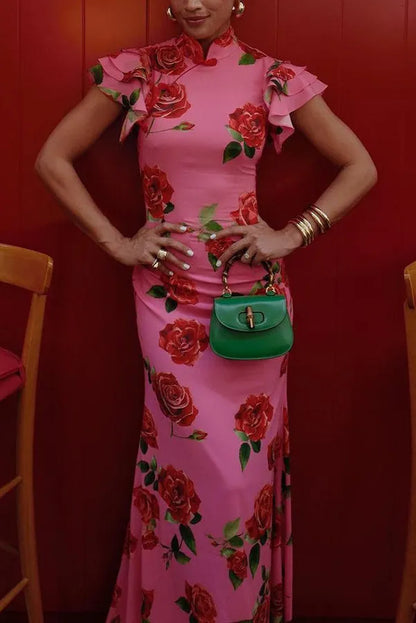 Women's Formal Floral Maxi Wedding Guest Dress with High Neck