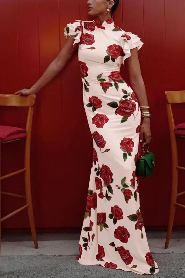 Women's Formal Floral Maxi Wedding Guest Dress with High Neck