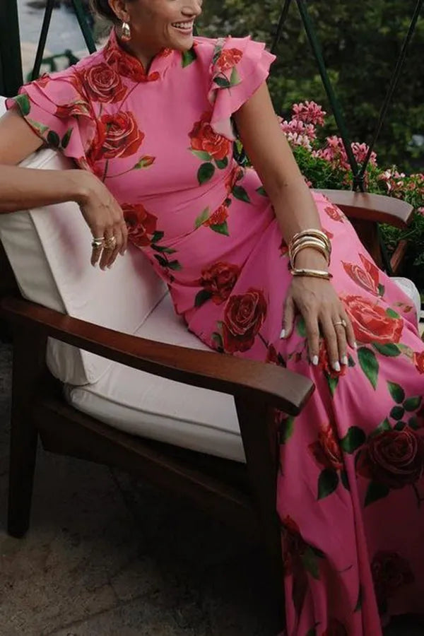 Women's Formal Floral Maxi Wedding Guest Dress with High Neck