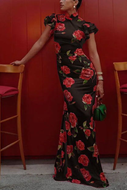 Women's Formal Floral Maxi Wedding Guest Dress with High Neck