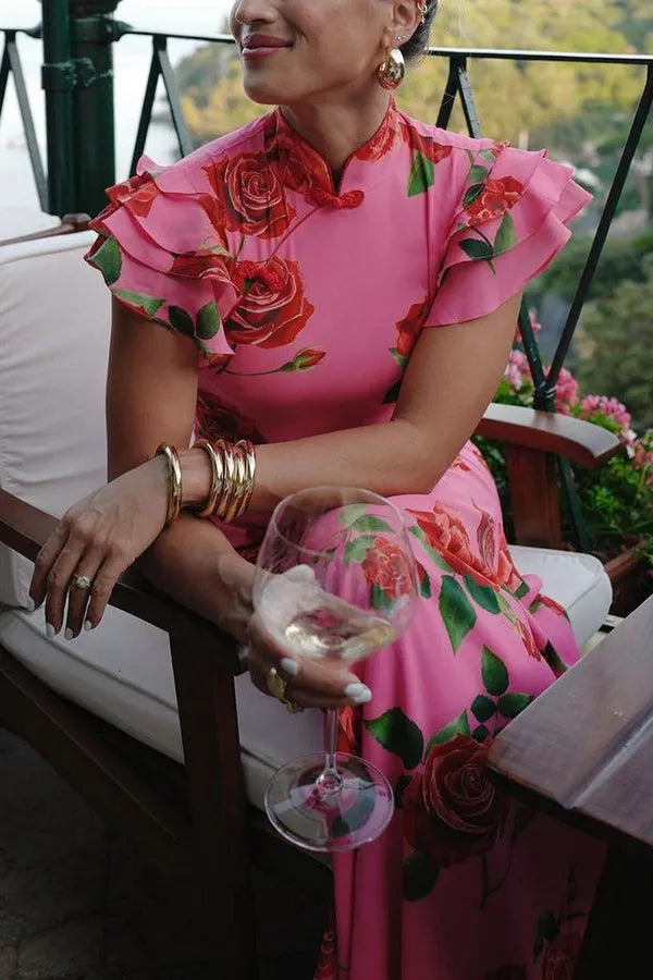 Women's Formal Floral Maxi Wedding Guest Dress with High Neck