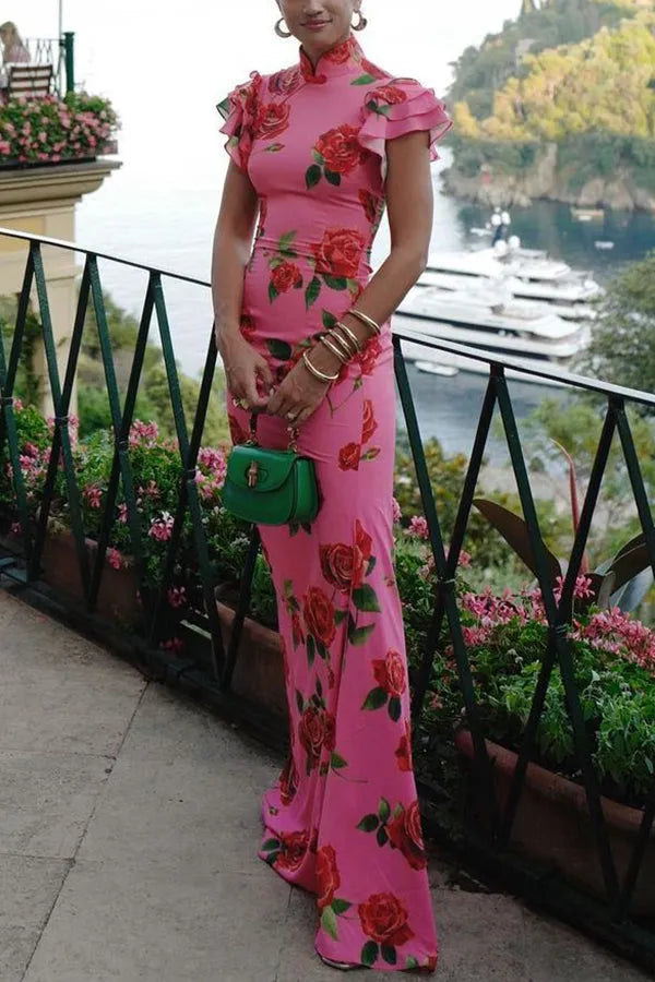 Women's Formal Floral Maxi Wedding Guest Dress with High Neck