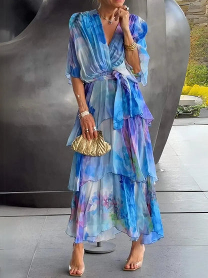 Women's Formal Floral Maxi Wedding Guest Dress with Ruffle