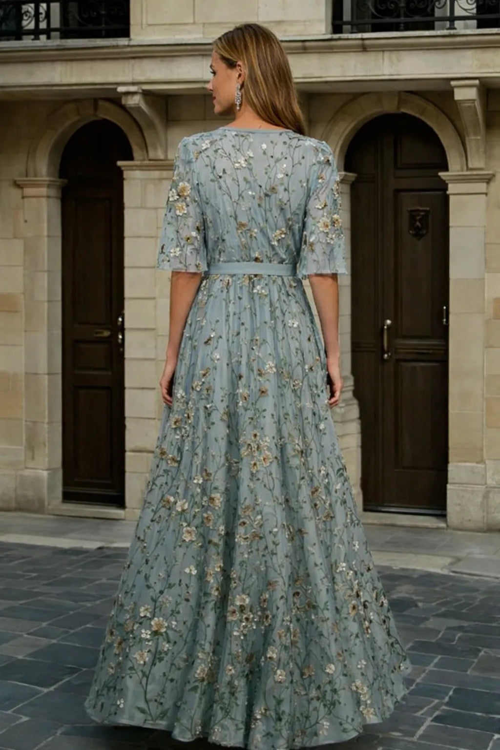 Women's Formal Floral Maxi Wedding Guest Dress with Short Sleeve