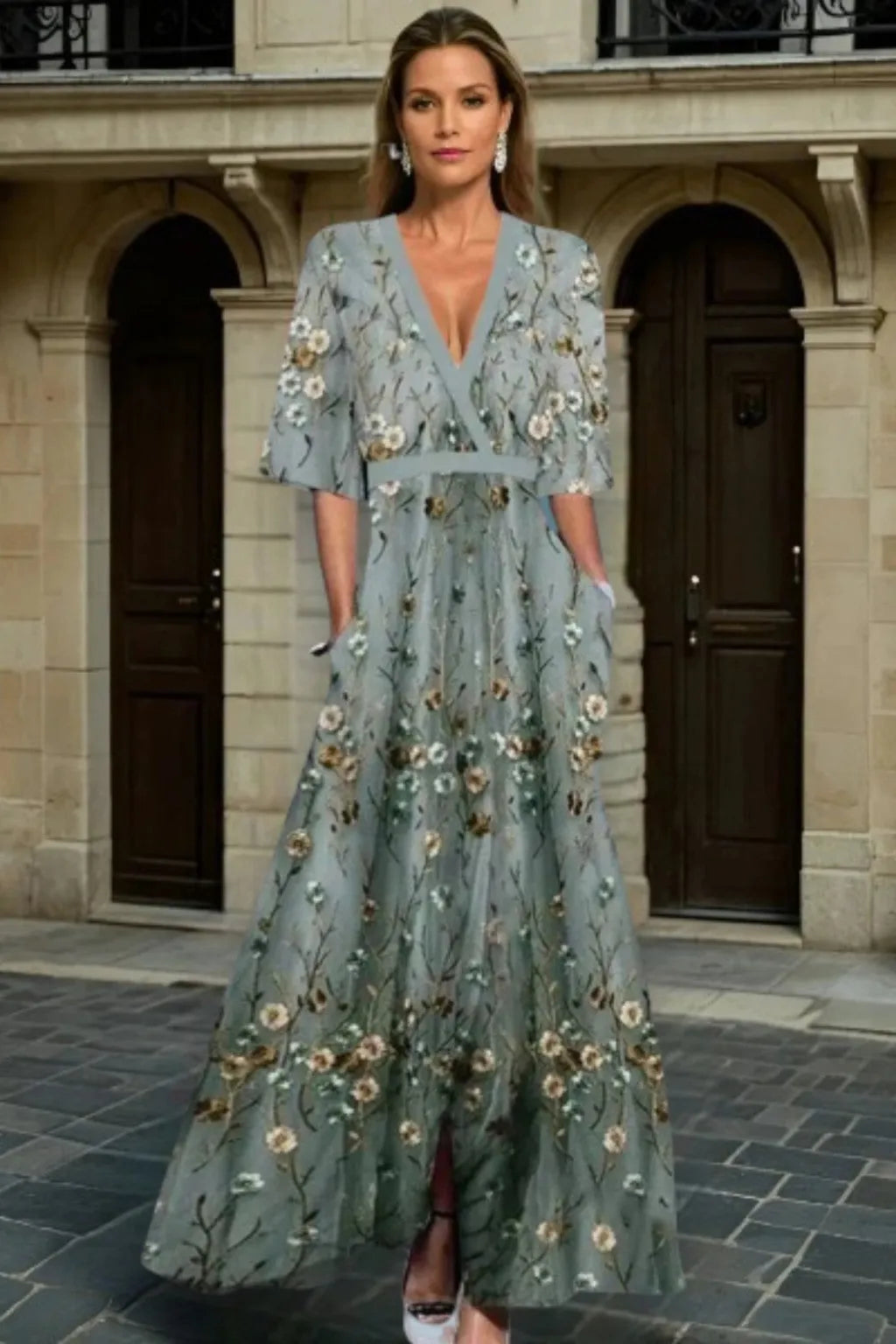 Women's Formal Floral Maxi Wedding Guest Dress with Short Sleeve