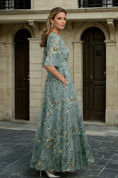 Women's Formal Floral Maxi Wedding Guest Dress with Short Sleeve