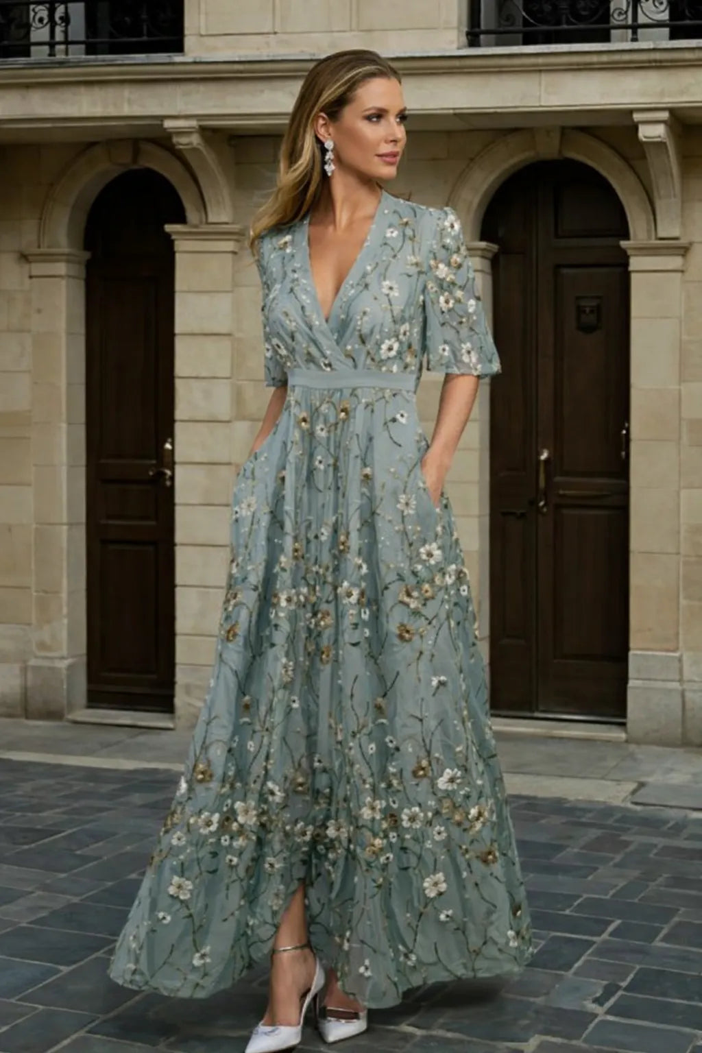 Women's Formal Floral Maxi Wedding Guest Dress with Short Sleeve