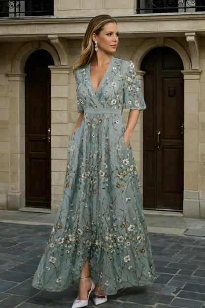 Women's Formal Floral Maxi Wedding Guest Dress with Short Sleeve