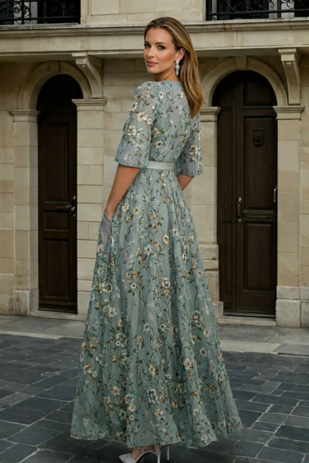 Women's Formal Floral Maxi Wedding Guest Dress with Short Sleeve