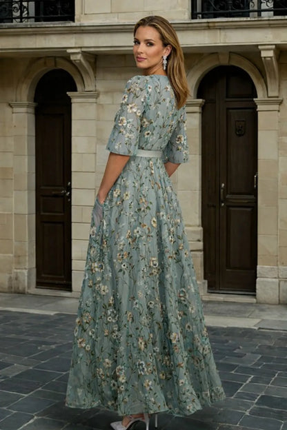 Women's Formal Floral Maxi Wedding Guest Dress with Short Sleeve