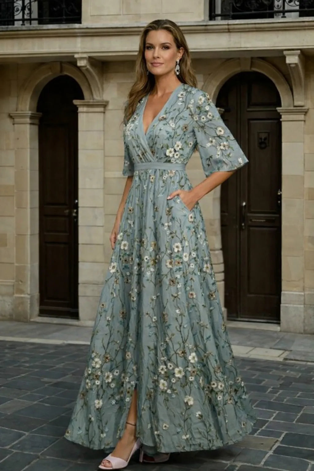Women's Formal Floral Maxi Wedding Guest Dress with Short Sleeve