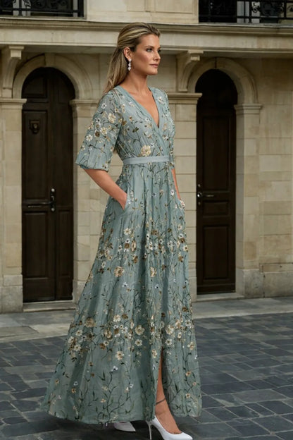 Women's Formal Floral Maxi Wedding Guest Dress with Short Sleeve