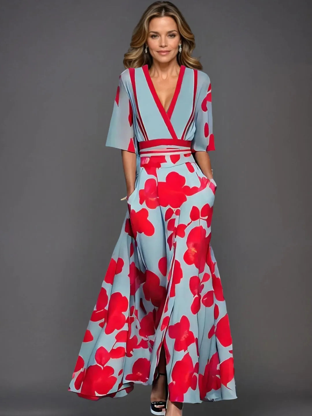Women's Formal Floral Maxi Wedding Guest Dress with V-Neck