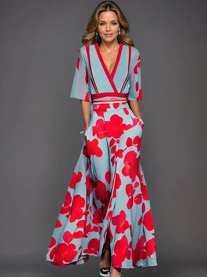 Women's Formal Floral Maxi Wedding Guest Dress with V-Neck