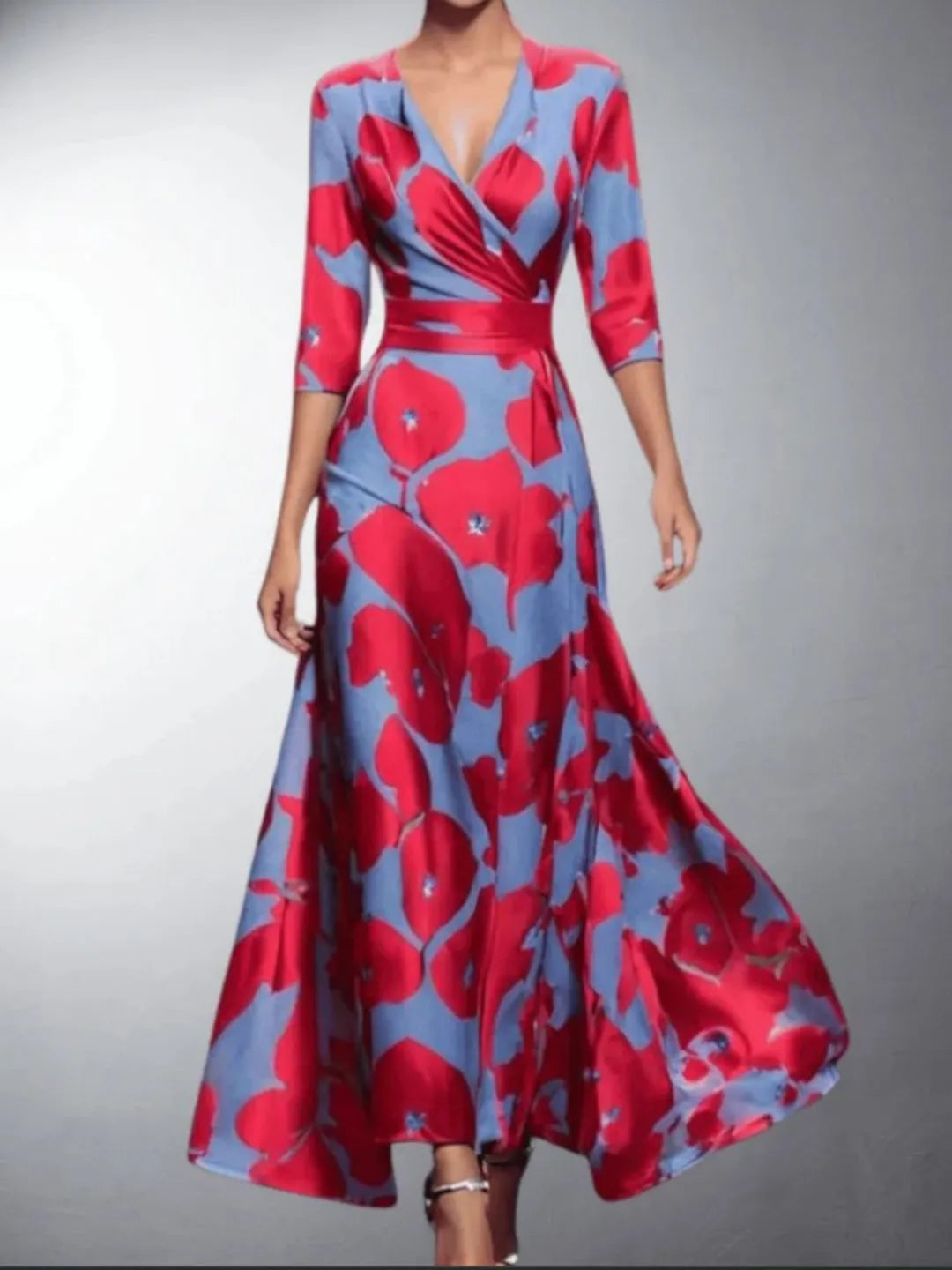 Women's Formal Floral Maxi Wedding Guest Dress with V-Neck
