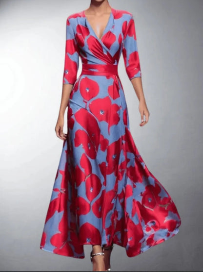 Women's Formal Floral Maxi Wedding Guest Dress with V-Neck