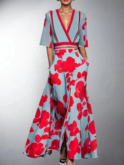 Women's Formal Floral Maxi Wedding Guest Dress with V-Neck