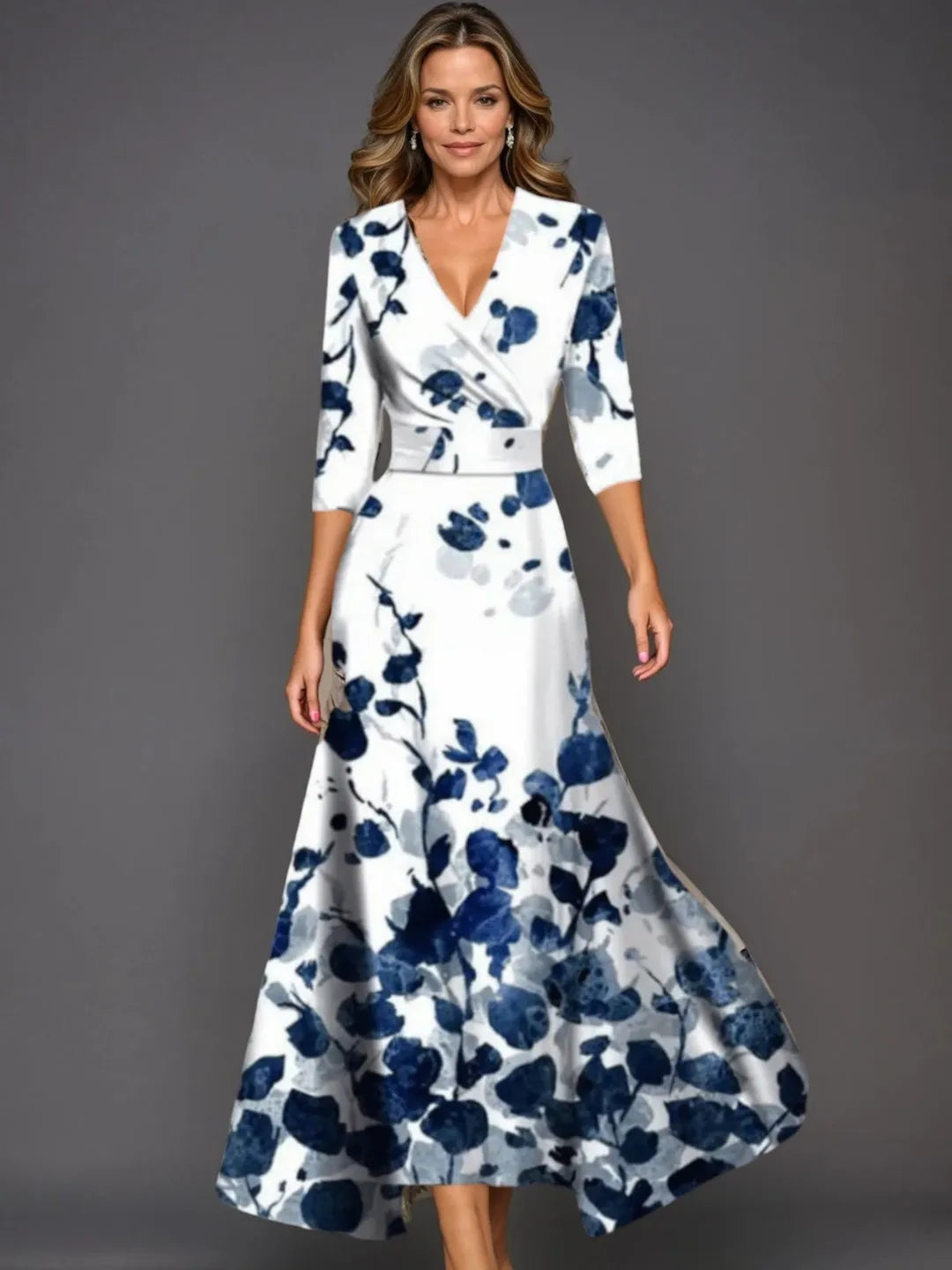 Women's Formal Floral Maxi Wedding Guest Dress with V-Neck