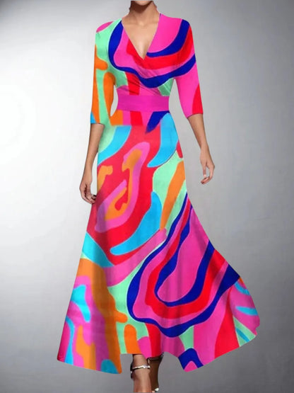 Women's Formal Floral Maxi Wedding Guest Dress with V-Neck