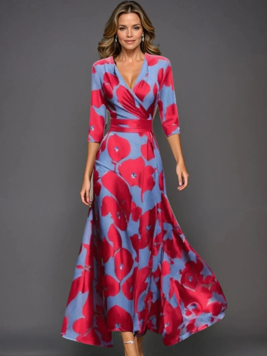 Women's Formal Floral Maxi Wedding Guest Dress with V-Neck