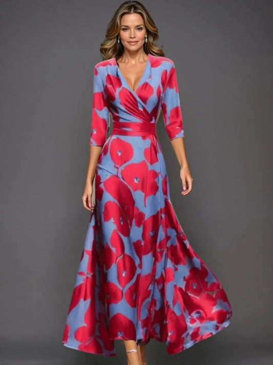 Women's Formal Floral Maxi Wedding Guest Dress with V-Neck