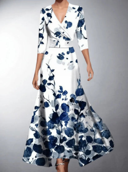 Women's Formal Floral Maxi Wedding Guest Dress with V-Neck
