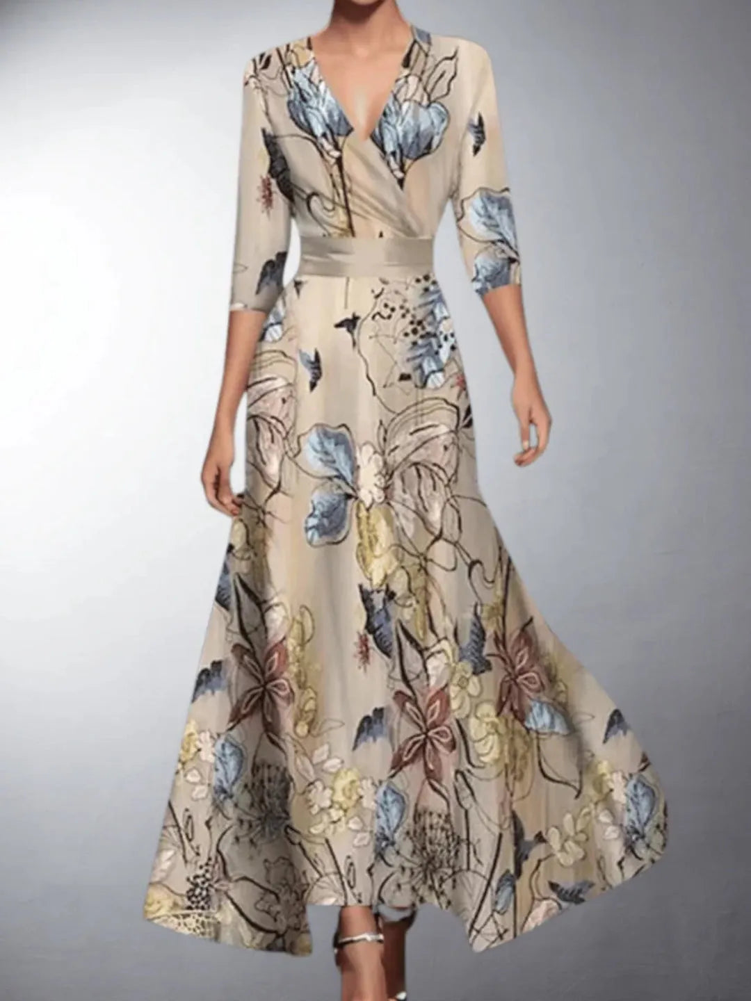 Women's Formal Floral Maxi Wedding Guest Dress with V-Neck