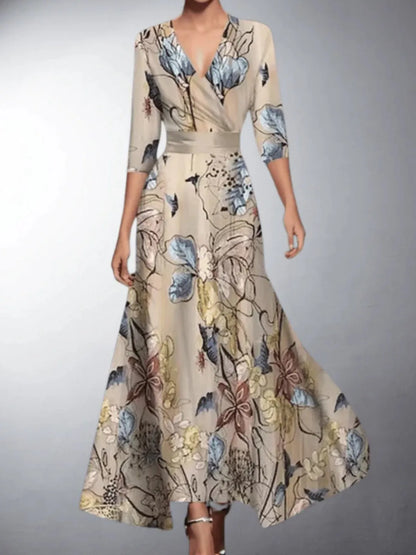 Women's Formal Floral Maxi Wedding Guest Dress with V-Neck