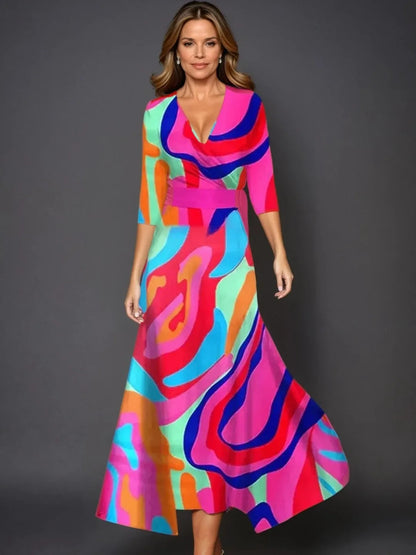 Women's Formal Floral Maxi Wedding Guest Dress with V-Neck
