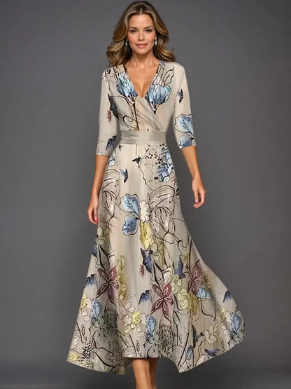 Women's Formal Floral Maxi Wedding Guest Dress with V-Neck
