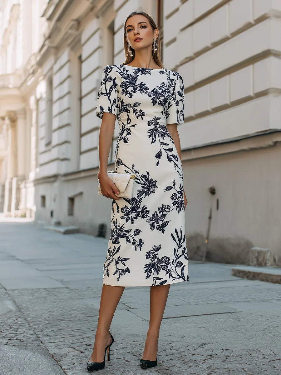 Women's Formal Floral Midi Wedding Guest Dress with Boat Neck