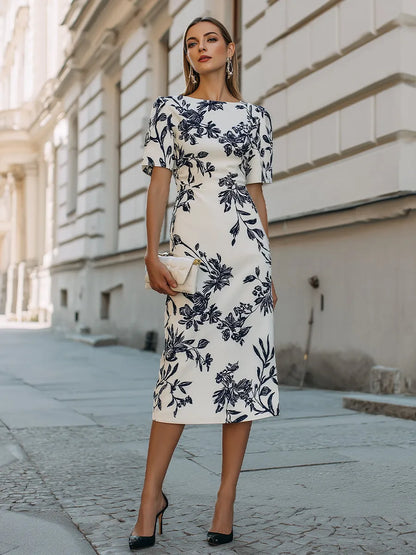 Women's Formal Floral Midi Wedding Guest Dress with Boat Neck
