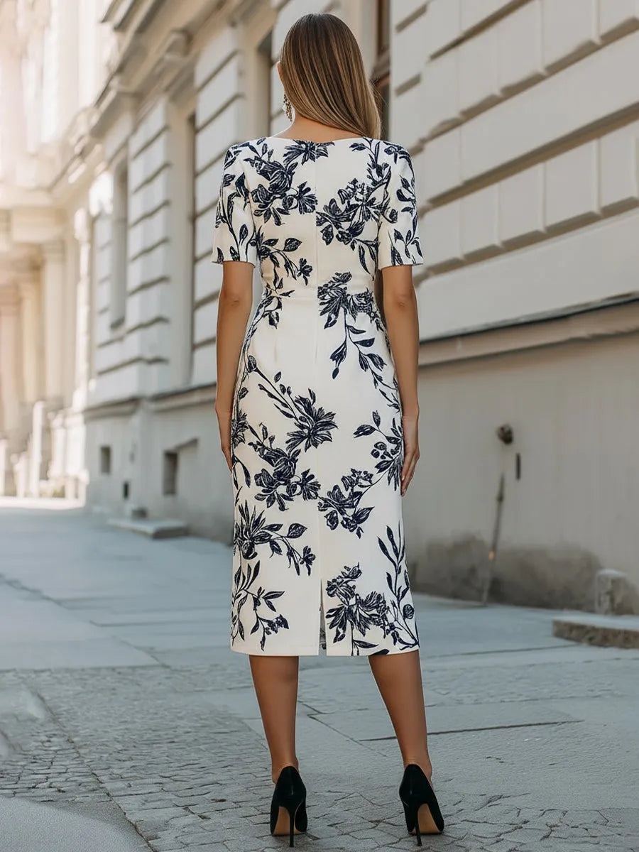 Women's Formal Floral Midi Wedding Guest Dress with Boat Neck