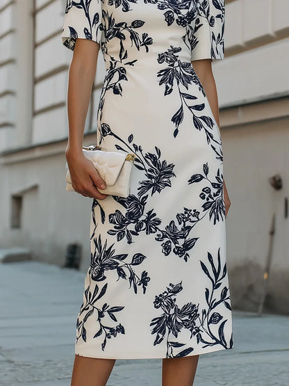 Women's Formal Floral Midi Wedding Guest Dress with Boat Neck