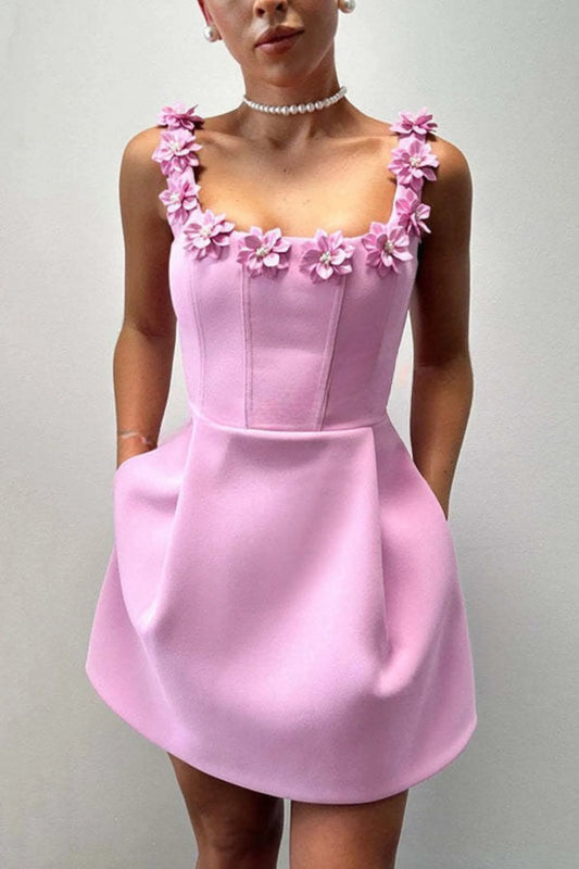 Women’s Formal Floral Mini Cocktail Dress with Square Neck