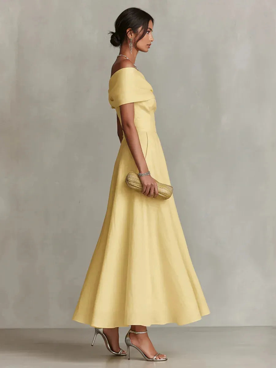 Women's Formal Flowy Maxi Wedding Guest Dress with Off Shoulder