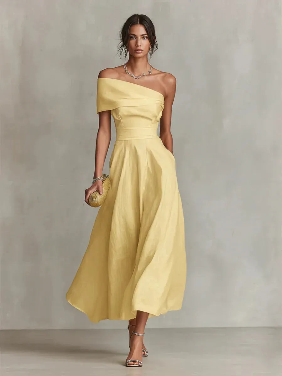 Women's Formal Flowy Maxi Wedding Guest Dress with Off Shoulder