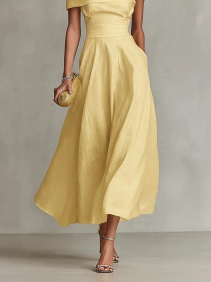 Women's Formal Flowy Maxi Wedding Guest Dress with Off Shoulder