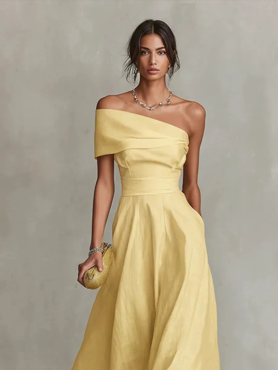 Women's Formal Flowy Maxi Wedding Guest Dress with Off Shoulder