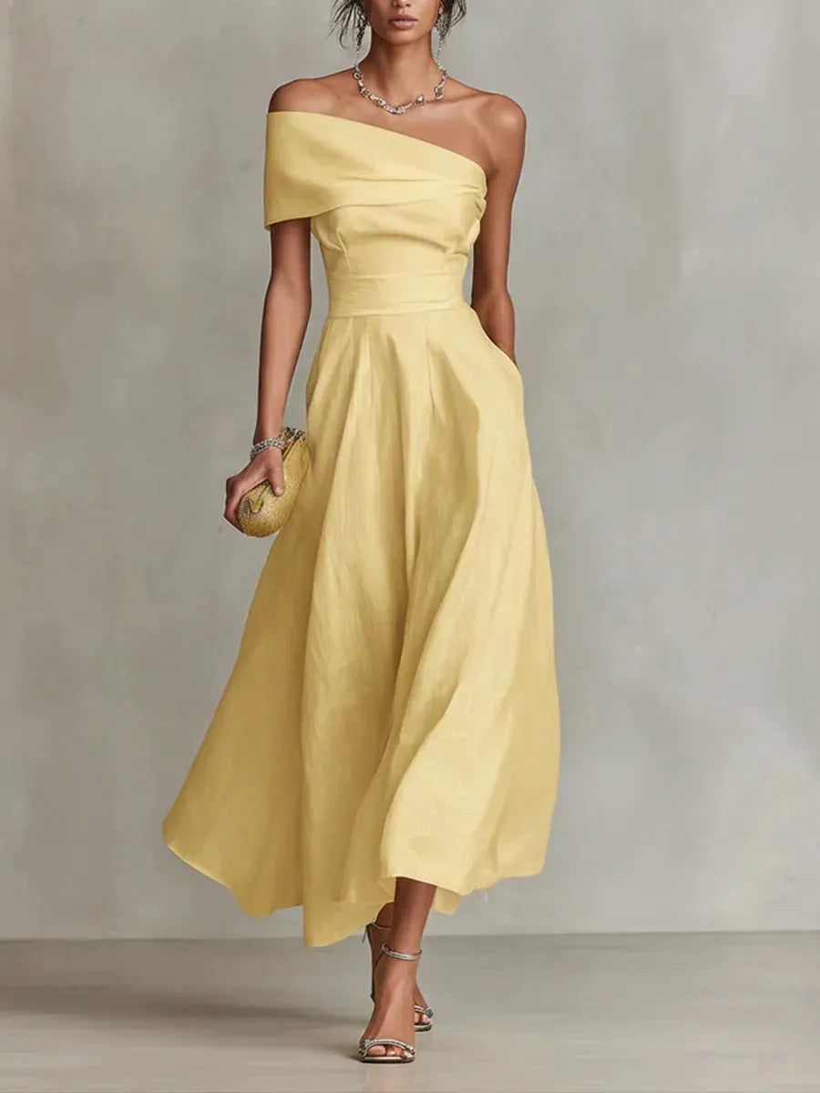 Women's Formal Flowy Maxi Wedding Guest Dress with Off Shoulder